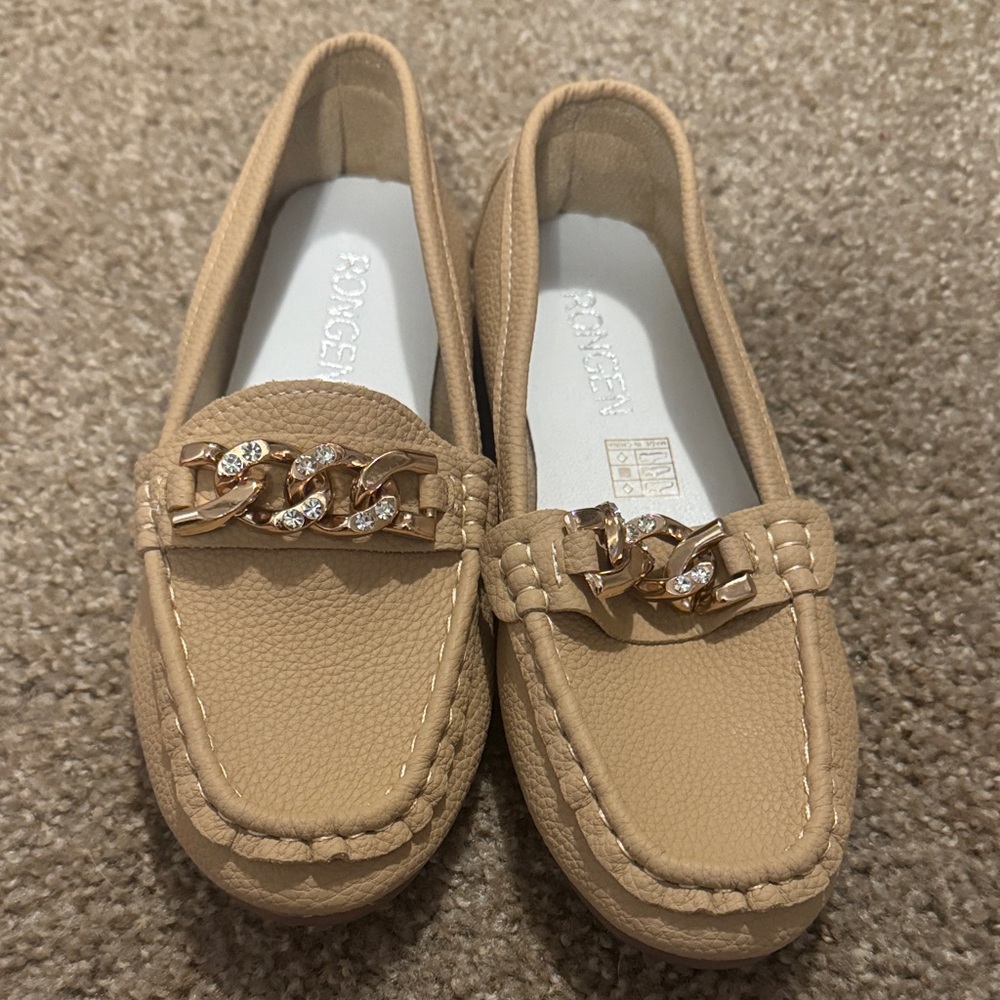 Beige Loafers with Gold Chain Accent